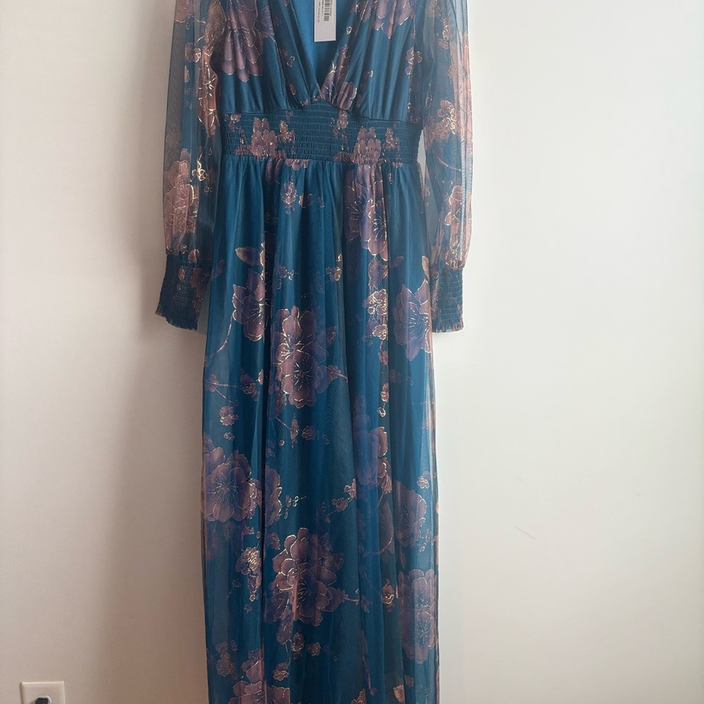 Baltic Born Layla Tulle Maxi Dress Sz L NWT. Metallic Blue/ Copper